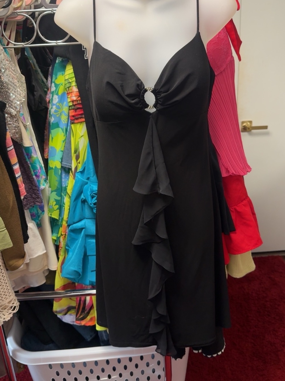 Vintage 1990s JUMP Black Ruffle Front Midi Dress with Ring Detail